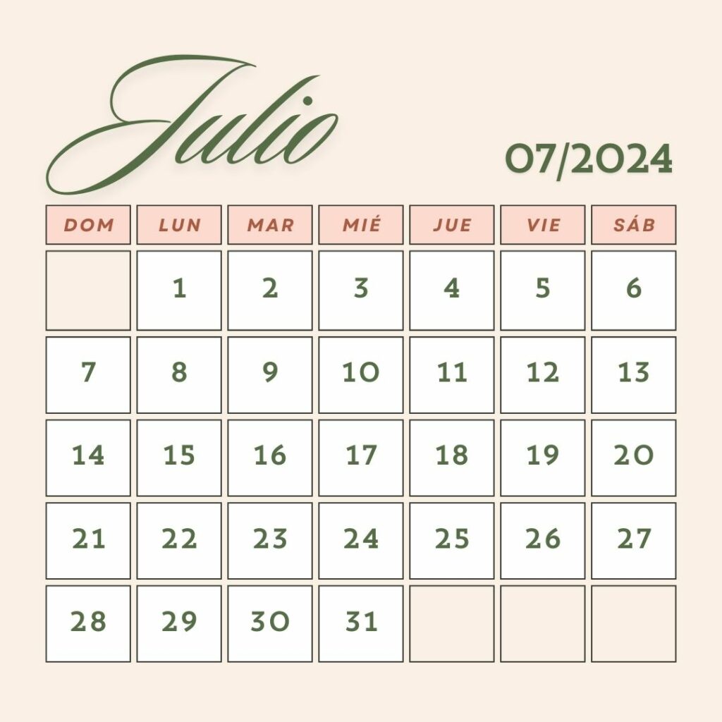 Calendario julio de 2024 de alta calidad