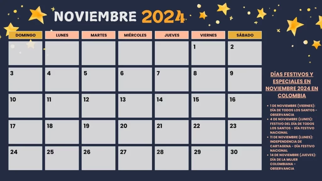 Calendario Colombiano Imprimible de Noviembre 2024