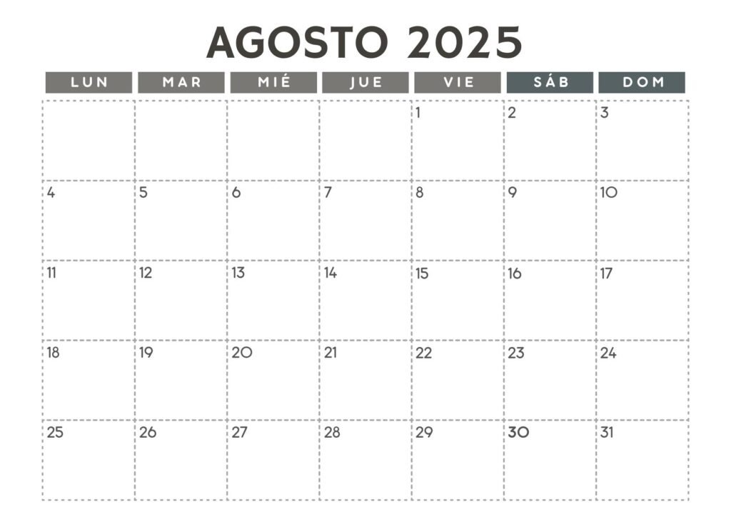 Calendario de agosto de 2025 de alta calidad