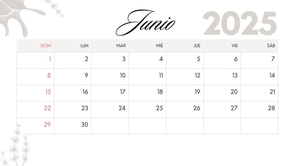Calendario imprimible de junio de 2025